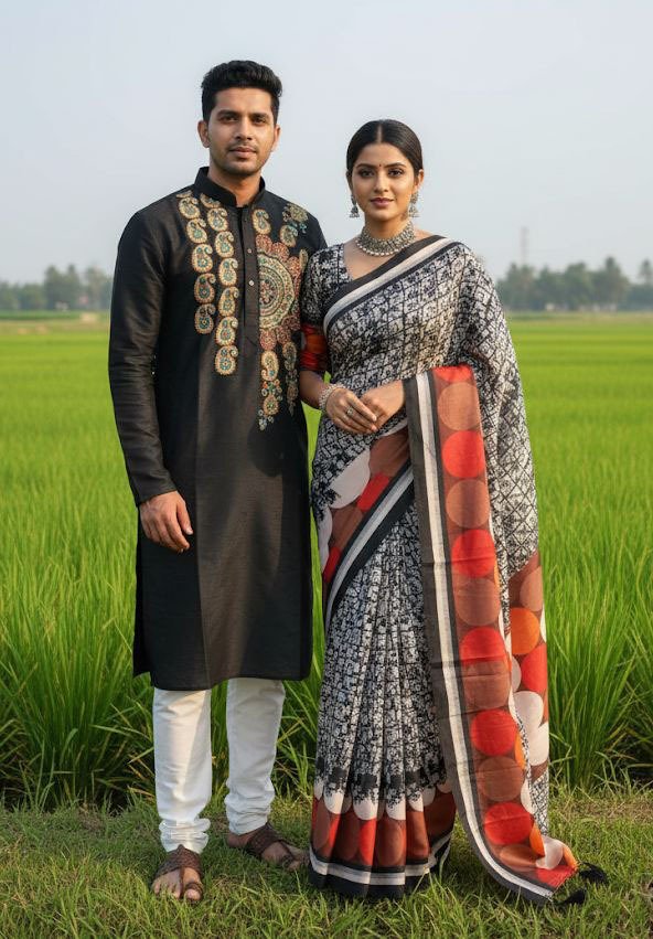 কাপল ড্রেস কালেকশন চান্দুরি সিল্ক শাড়ি ও ধুপিয়ান পাঞ্জাবি